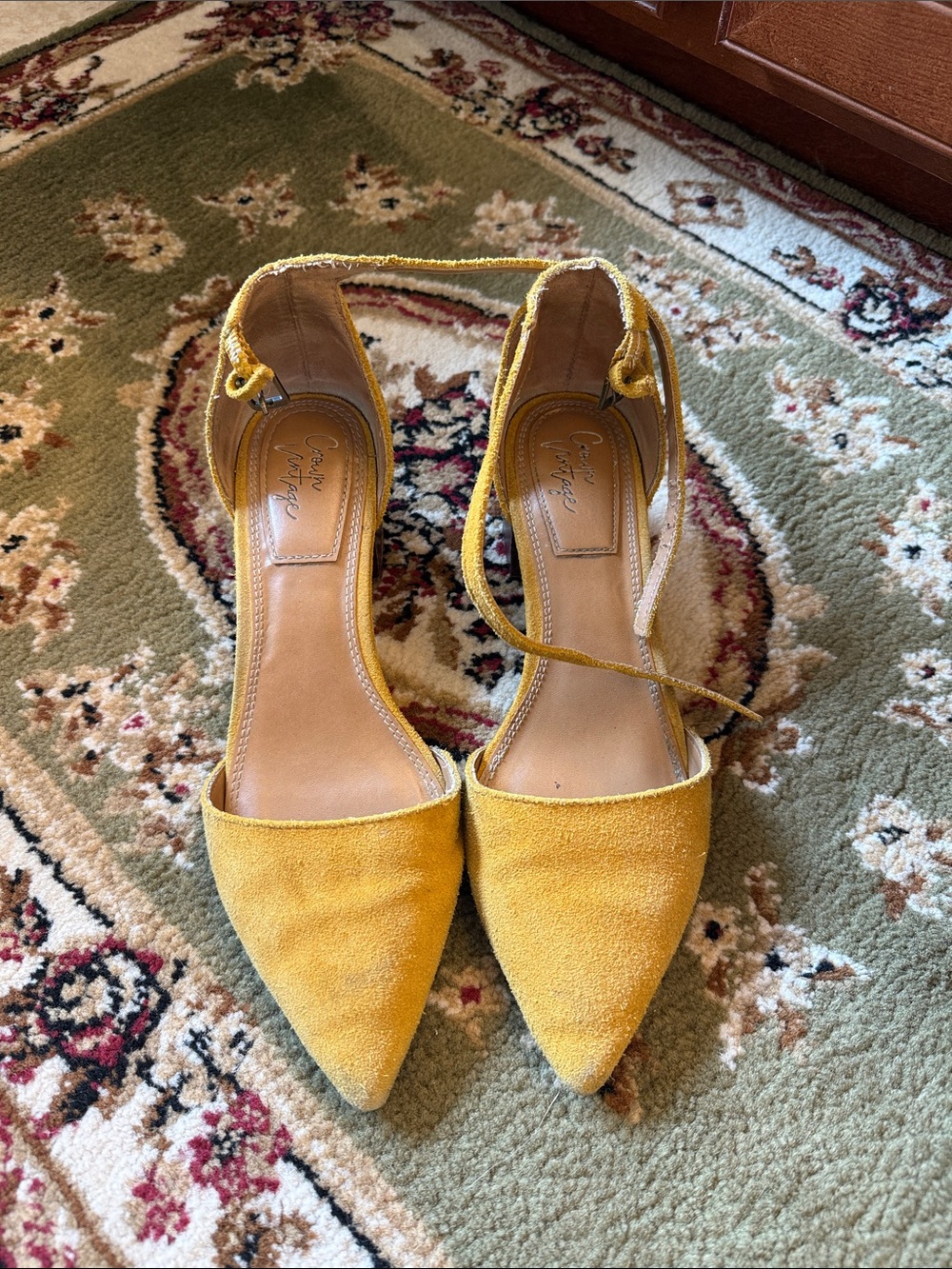 Crown Vintage Mustard Yellow Suede Pointed-Toe Ankle-Strap Heels